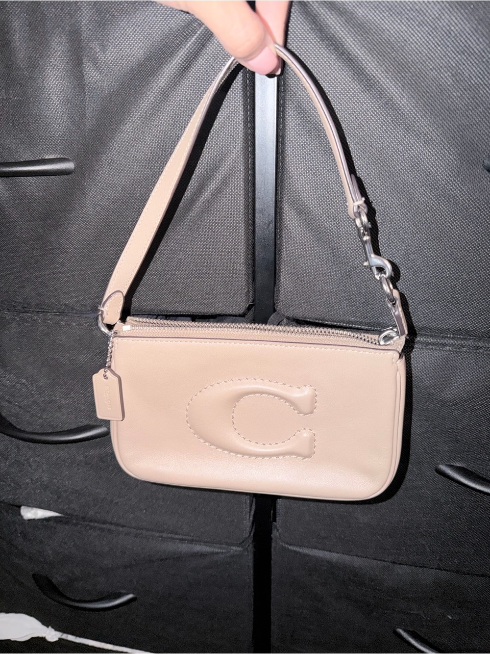 Coach Mini Shoulder Bag in Taupe Leather with Embossed C